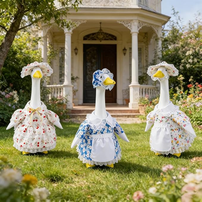 Spring Summer Porch Goose Outfit Set for 23'' Lawn Goose Statue,Strawberry Floral Goose Outfit Lace Sun Hat & Dress Clothes,for Garden Yard Decor (Strawberry Skirt)