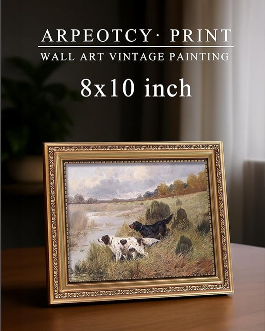 ARPEOTCY Vintage Gold Framed Wall Art, Retro River Dog Landscape Paintings, 8x10 inch Small Canvas Prints Artwork with Antique Frame, Victorian Wall Picture Decor for Room Gallery Living Room Shelf