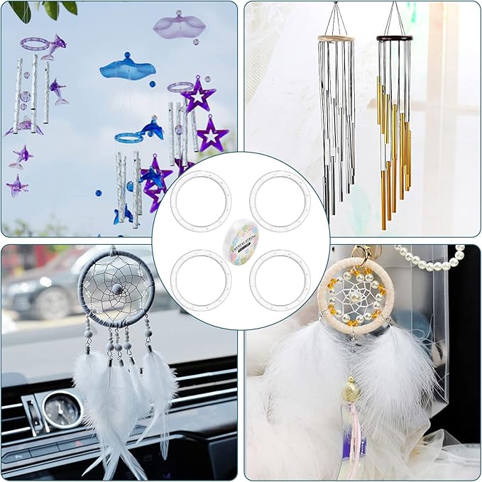 GORGECRAFT 4 Pack Wind Chime Supplies - Top Ring Transparent Top Circles with Elastic Thread for Outdoor Home Garden Patio