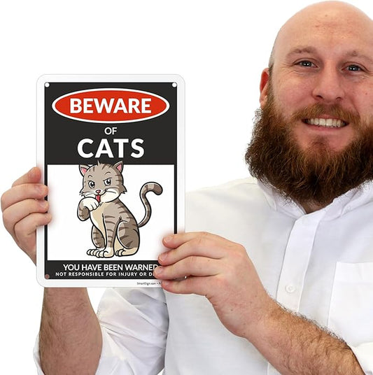SmartSign Funny Beware Of Cats Warning Sign - 10"x7", 40 mil Laminated Rust-free Aluminum - Metal Signs for Entrances, Outdoors, Patio, Gifts, Cafe - Cats Theme, Made in USA