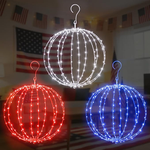 12 Inch 3PK Patriotic Light Ball, Red White Blue Foldable Metal Sphere Lights with 180 LED 16 Modes & Timer, Hanging Globe Lights for 4th of July, Memorial Day & Independence Day Outdoor Holiday Decor