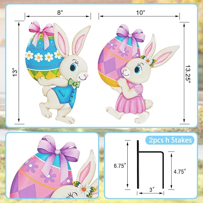 Easter Decorations Outdoor,2 Pack Metal Easter Egg Bunny Yard Signs for Outside,Cute Bunny Garden Stakes for Lawn,Yard,Rabbit Gifts for Women