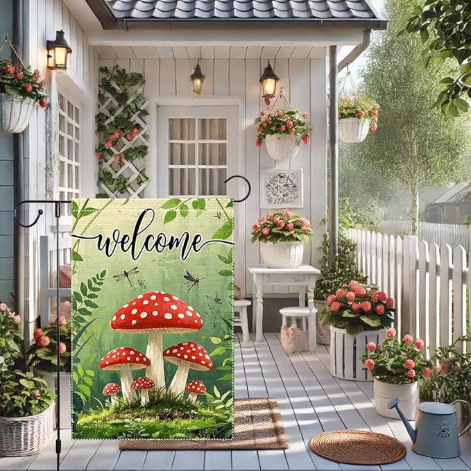 Welcome Spring Summer Mushrooms Garden Flag 12x18 inch Double-Sided Small Burlap Yard Outside Lawn Rustic Farmhouse Decorations