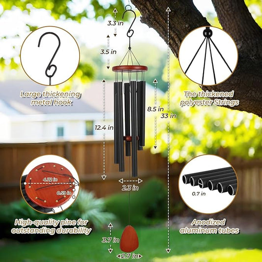 Memorial Wind Chimes, 32 Inches, Aluminum and Wood, Brown and Gold, Harmonically Tuned Tubes, Traditional Style, Outdoor (32'' Black)