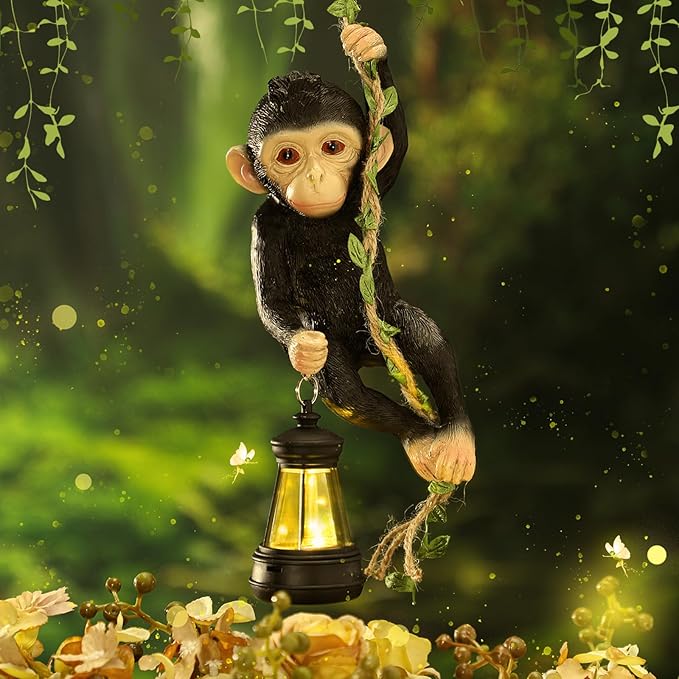 Rossesay Solar Light Outdoor Monkey Statues Black 7.48 Inch Resin Chimpanzee Baby Monkey Climbing on Vine with LED Lantern Waterproof Hanging Figurine with Hook for Yard Garden Wall