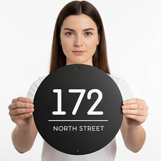 Custom Black Metal House Number and Family Name Sign, Modern Round Address Plaque with Durable UV Print & Rust-Resistant Coating, Weatherproof Home Door Number for Indoor & Outdoor Use, New Home Gift