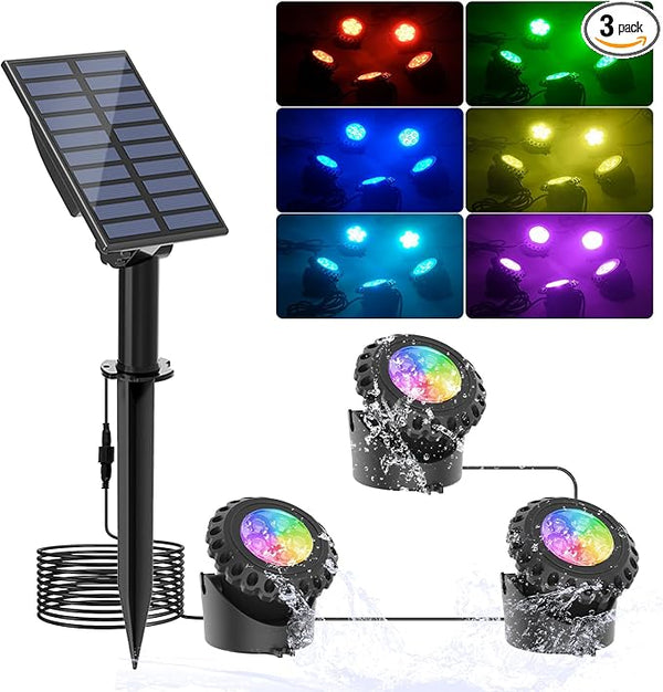 T-SUN Solar Fountain Lights Submersible Solar LED Underwater Pond Lights Color Changing Landscape Spotlights IP68 Waterproof for Garden Fish Trank Aquarium Pool Waterproof (3 Lights in 1)