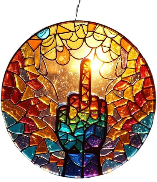 Middle Finger Suncatcher Color Stained Glass Window Hanging, Handmade Acrylic Funny Light Sun Catcher Indoor Outdoor Wall Hanger Ornament, Hand-Painted Glass Panel Decor for Home Office (C)