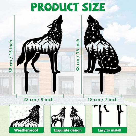 GLOBLELAND 2 Pcs Wolf Garden Stakes Animals Metal Decorative Garden Stakes Metal Yard Signs Decoration for Lawn Patio Yard Garden Decor