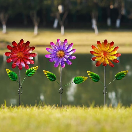 Garden Stakes Decorative, Metal Flowers for Outside, Glow in Dark Yard Lawn Ornaments Plant Pot Flower Bed Decor, Patio, Set of 3, Purple Yellow Red