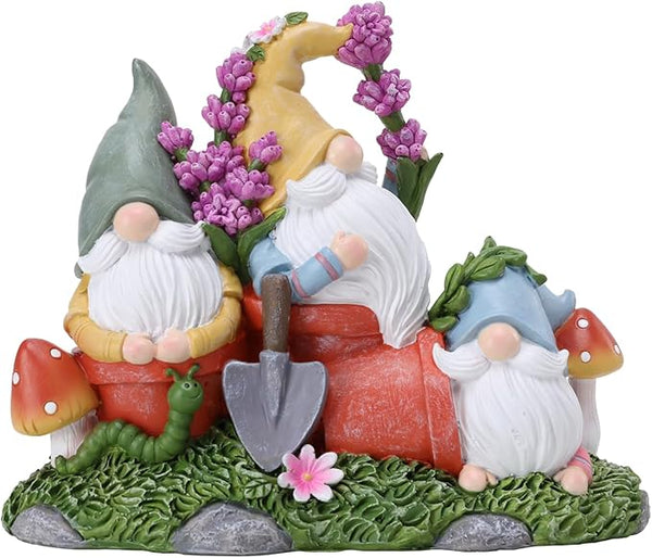 Garden Gnome Statue, Gnomes Figurine on Flower Pot with Floret and Mushrooms, Waterproof Resin Outdoor Decor for Patio Lawn Yard Home Tabletop Decoration
