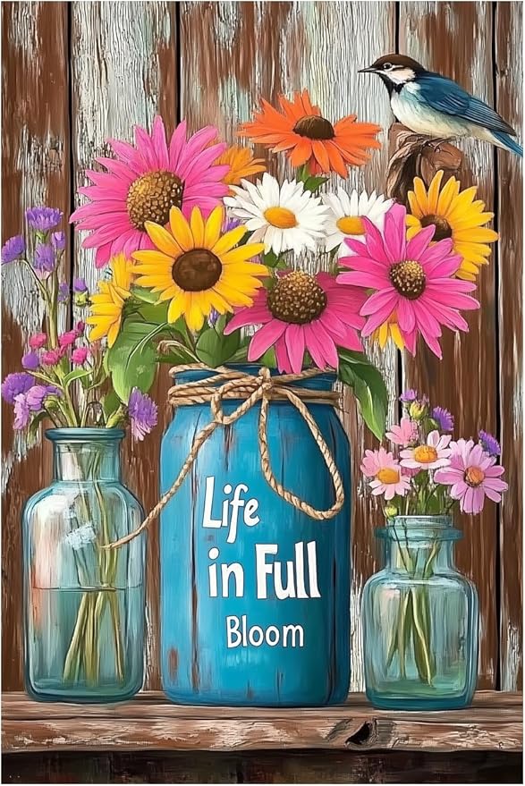 Flowers-Sign Metal-Poster Wall-Art Bird-Décor, Life in Full Bloom, Yard Garage Farm Outside Garden Plaque Outdoor for Home Fence 8 X 12 Inch