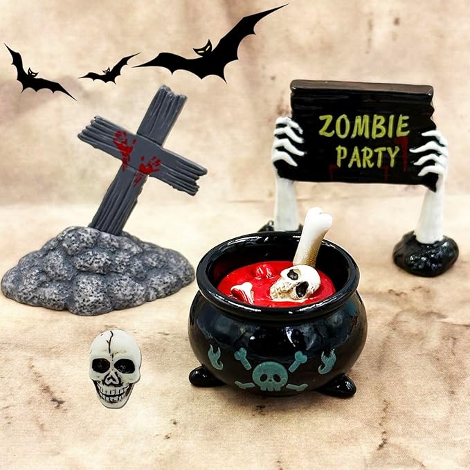 Suartus Halloween Miniature Figurines - 18Pcs Resin Ghost Tombstones Skull Heads Scene Ornaments Halloween Garden Accessories Mini Figurine Decorations for Outdoor Statues Home Village Crafts Decor