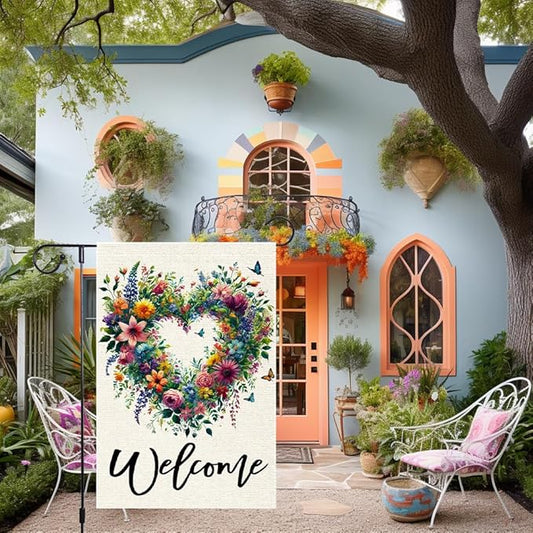 Welcome Spring Summer Garden Flag 12x18 Inch Colorful Floral Love Hearts Garden Flags Double Sided Small Burlap Birds Flowers Butterflies Outdoor Decor Patio Yard Outside Decorations