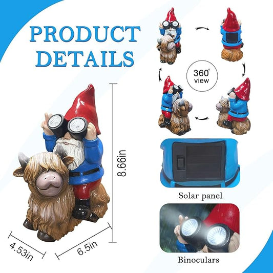 Solar Highland Cow Gnome Garden Statue Outdoor Decor, Funny Solar Light Christmas Decoration for Balcony Garden Patio Yard Lawn, Birthday Gift for Women, Men, Mom, Grandma, Unique Thanksgiving Gifts