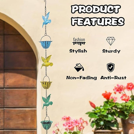Rain Chains for Gutters, 7.87Ft Hummingbird and Cup Rain Chains for Gutters, Adjustable Rain Chimes for Outside Replacement Downspout for Gutters Eaves Drainage, Green
