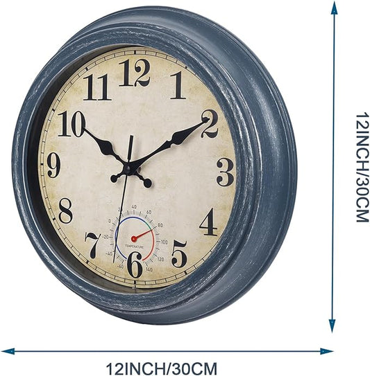 Outdoor Clocks Waterproof with Thermometer Rustic Coastal Wall Clock Decor for Patio Pool Garden(12 Inch,Blue)