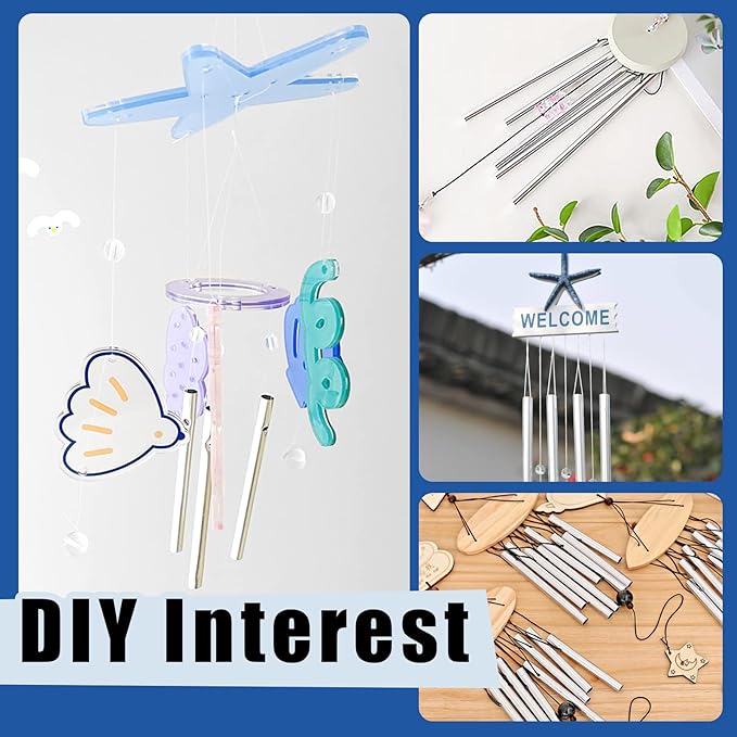 Glarks 61Pcs Wind Chime Kit Including 50Pcs 11.5cm 10cm 9cm 8cm 7cm Wind Chime Tubes and 10Pack Swivel Hooks Clips with 100m Thread Wire for Home Garden Outdoor Hanging Decorations
