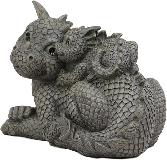Ebros Whimsical Piggyback Dragon Family Statue 10.25" Long Faux Stone Resin Finish Mother and Baby Animated Dragons Welcome Guest Greeter Decor Figurine