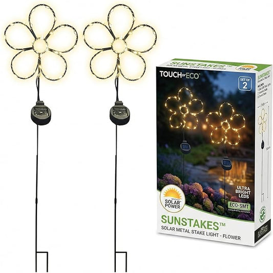 Touch Of ECO Outdoor Solar Powered LED Decorative Garden Stake Light - 2 Pack Warm White Flower Design - Great Decor for Yard, Patio, Lawn, Planter-Makes a Great Gift