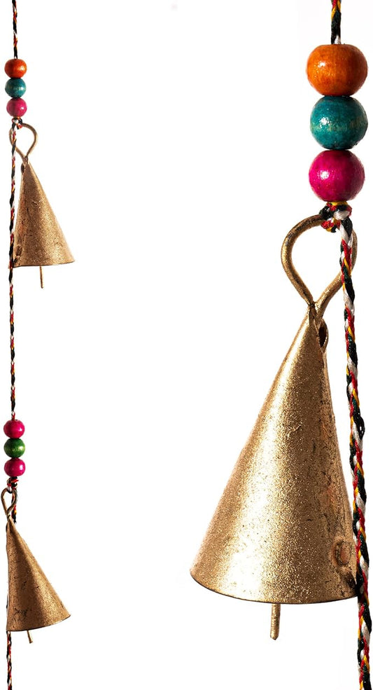 Rustic Vintage Bell for Home Wall Décor Decoration Garden - 5 Handmade Bells in a String with Beads Wind Chime Bell Chime Cow Cat Cattle Bells Gifting (Antique Golden Cones)