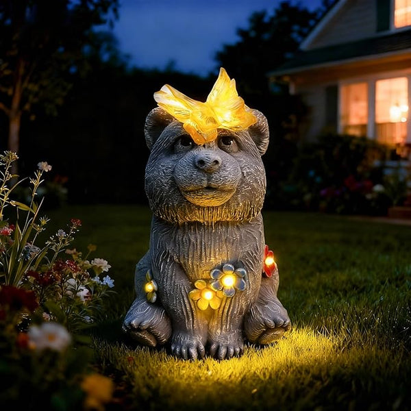 Solar Baby Bear Garden Statue with Butterfly Light - Cute Bear Cub Figurine Decor with Flower Accents - Outdoor Decor for Patio Lawn - Christmas Housewarming Birthday Gifts for Grandma Mom Women
