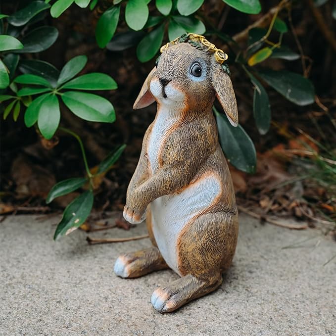 Bunny Outdoor Statues, Resin Rabbit Yard Statue Home Garden Decoration Adorable Bunny Statues Wearing Flower Crown, Outdoor Bunny Statue Lucky Rabbit Mom Gifts