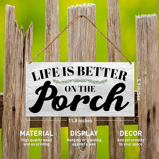 Porch Wood Sign Decor, Door Wall Sign for Front Back Porch Patio Decoration Deck Bar Garden Backyard Decor, Housewarming Gifts for Women Men New House Home, Life Is Better on The Porch