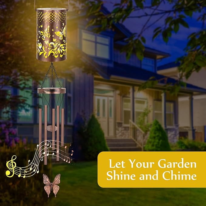 Solar Wind Chimes for Outside for Women Mom, Hanging Solar Lantern Memorial Wind Chimes, Butterfly Gifts Windchimes for Outdoors Christmas Garden Decor
