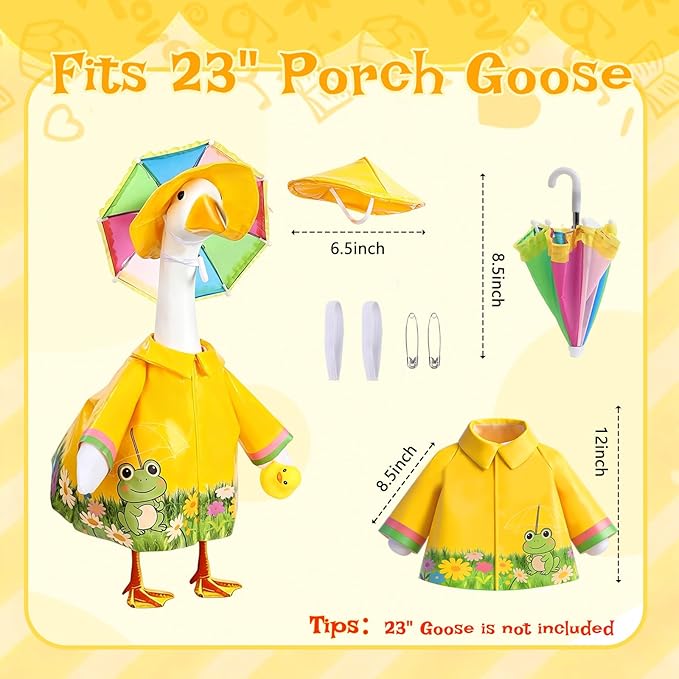 GJL Porch Goose Raincoat Outfit Fits 23 Inch Plastic Cement Goose Statue, Lawn Goose Clothes Set with Umbrella and Hat for Spring Summer Outdoor Yard Garden Decor
