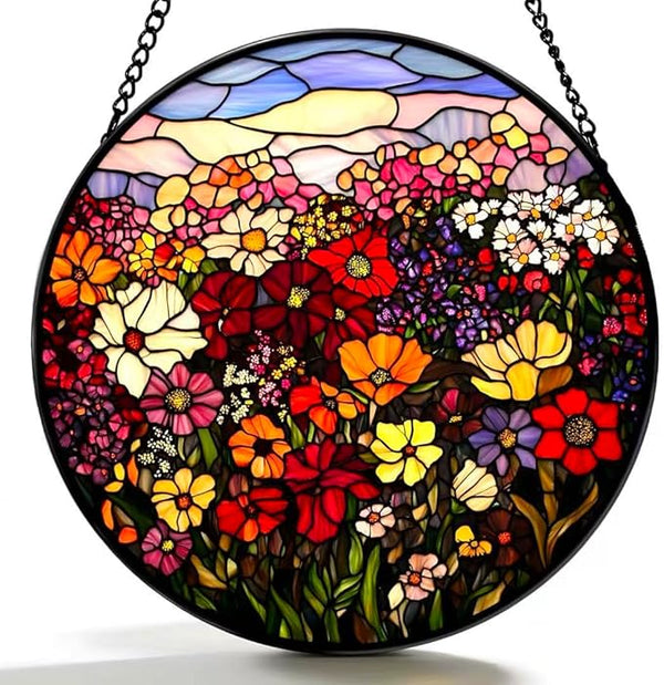 Stained Glass Window Hanging Ornament, Flowers and Green Leaves 6.3 Inches Suncatcher for Window Home Decor Bithday Christmas Monther's Day Gifts for Women Men and Mom
