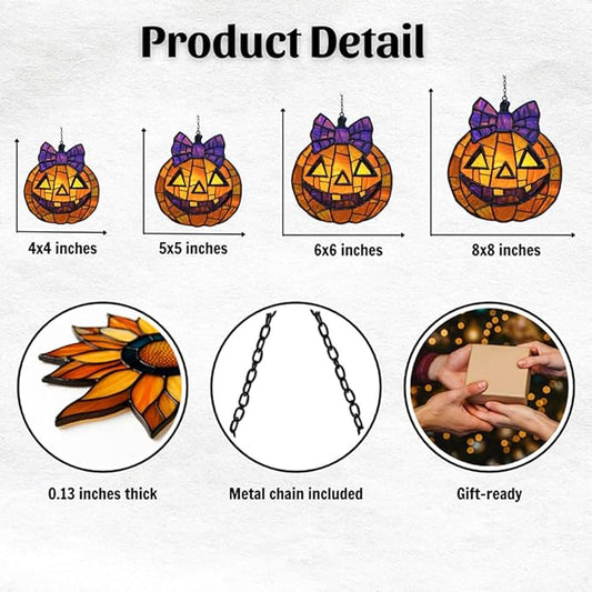 Jack-o'-Lantern Purple Tie Acrylic Suncatcher Stained Glass Effect Window Car Hanging Christmas Ornament Indoor Outdoor Decor Garden Sun Catcher Panel for Halloween Lover for Women Mom Grandma