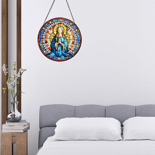 Virgin Mary Stained Glass Window Hanging, 8''/20CM Virgin Mary Suncatchers for Windows Christian Decorative Hanging Ornaments Stained Glass for Chirstmas Suncatcher Window Panel Gift Home Decor
