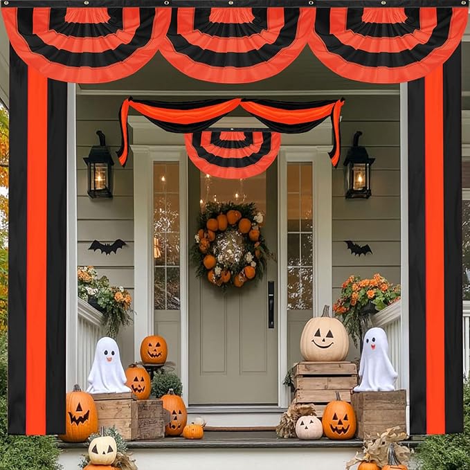 Halloween Bunting Flag 2 x 4 ft Fully Sewn Orange & Black 5 Stripe with 3 Grommets Pleated Half Fan Flag Bunting Banner Trick or Treat Halloween Decor Outside Porch Garden Outdoor Yard Indoor Home