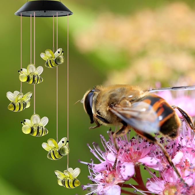 Solar Wind Chimes, Bee Wind Chimes Gifts for Mom Grandma Women Wife Girls, IP65 Waterproof Hanging Memorial Windchimes with 7 Color Changing LED Lights for Outside Garden Yard Decorations
