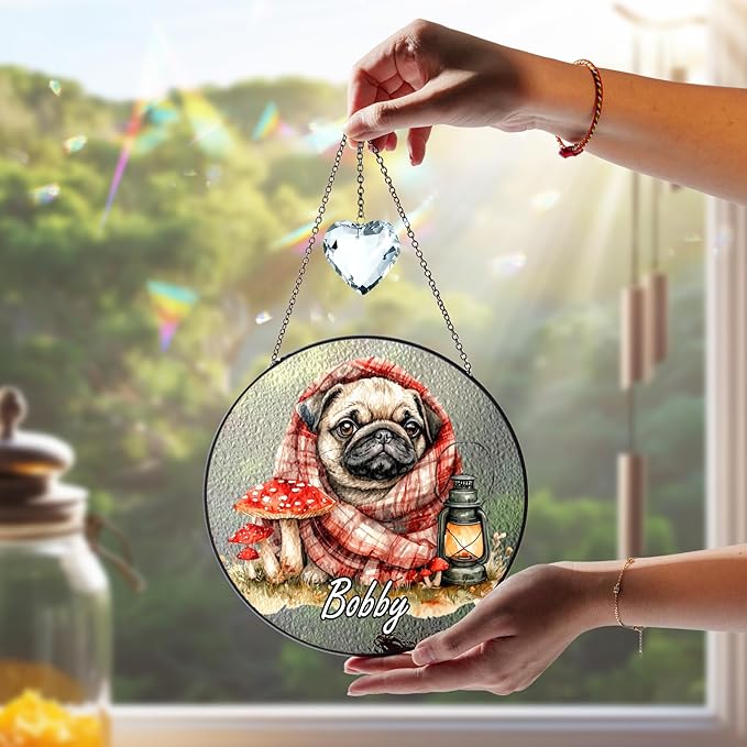 Personalized Pet Portrait Stained Glass Crystal Suncatcher, Dog & Cat Fall Pumpkin Decor, Autumn Maple Leaf Thanksgiving Decorations, Dog Lover Gift for Women, Memorial Gifts for Cat Mom