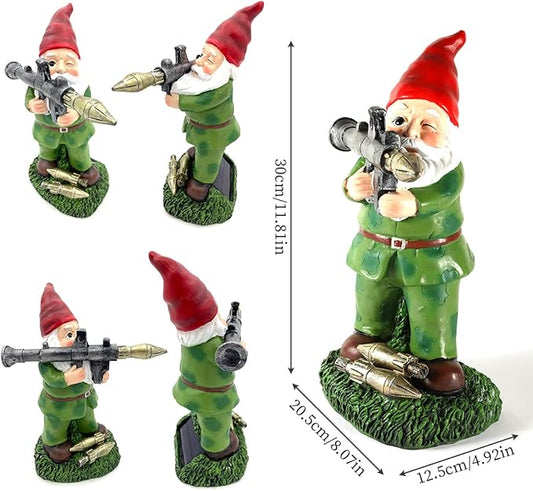 Solar Military Garden Gnome Statue with RPG, Large War Army Combat Defender Soldier Patriotic Gnome Figurine with Gun, Outdoor Patio Yard Lawn Home Ornament Decor, Valentine's Day Men Gift