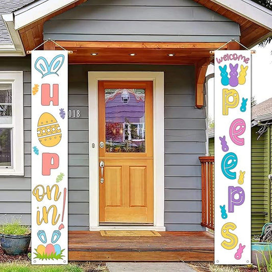 Easter Door Banner Porch Decor - Welcome Peeps Porch Sign - Bunny Hanging Banners Porch Decorations for Front Door Outside Yard Garden Party Supplies