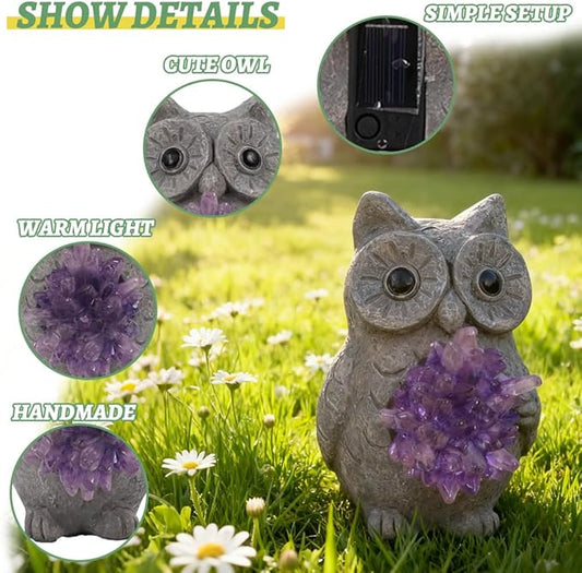 Solar Owl Light Statue Light Resin Figurine with Purple Stone Cluster & Solar Lamp, Indoor Outdoor Amethyst Crystal Home Decor, Spiritual Ornament for Crystal Enthusiasts & Garden Aesthetic Lovers