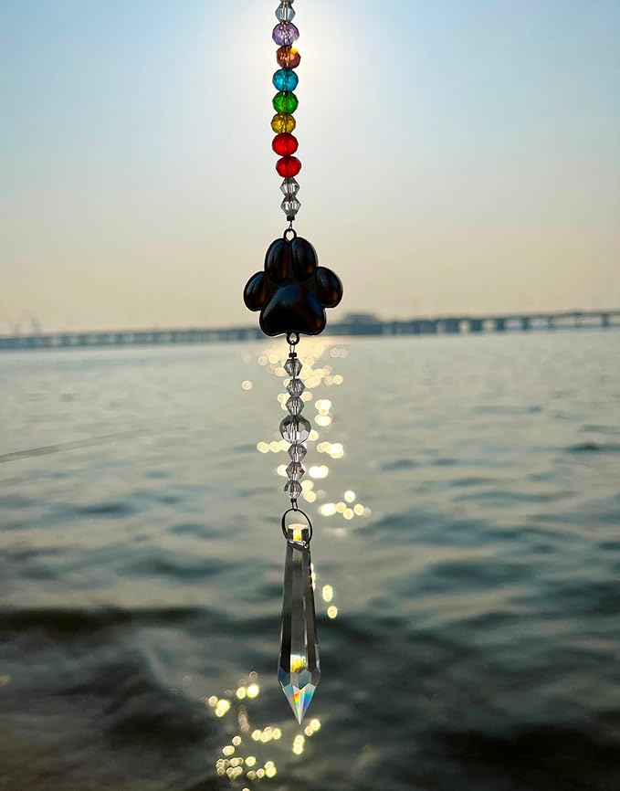 2pcs Pet Dog Cat Paw Print Sun Catcher Pet Memorial Gifts Crystals Prisms Dog Pet Sympathy Hanging Window Garden Decor Wind Chime Rainbow Maker Suncatcher Loss of Dog Gift (Mini Paw)