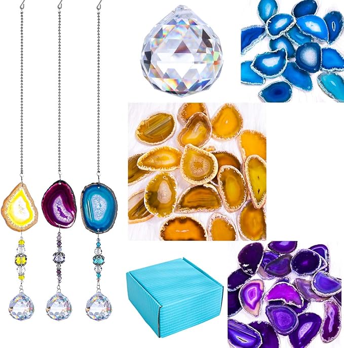 H&D HYALINE & DORA Pack 3pcs Suncatcher Hanging 30mm Crystal Ball with Agate Slices Wind Chimes Ornaments Decor for Window Home Garden