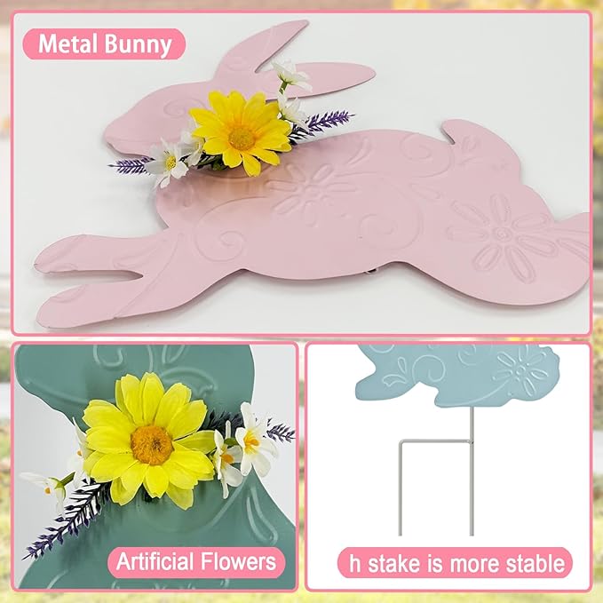 Easter Decorations Outdoor,3 Pack Metal Bunny Yard Sign Stakes for Outside,Pastel Rabbit Silhouettes Garden Decor for Lawn,Happy Easter Women Gifts