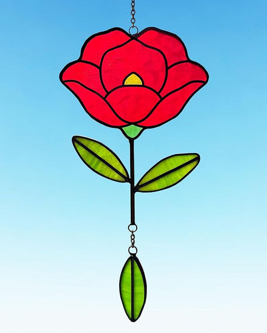 Stained Glass Window Hangings, Handcrafted Garden Suncatchers for Window and Home Decor, Unique Artisan Glass Ornaments for Indoor and Outdoor Use (B-Red)