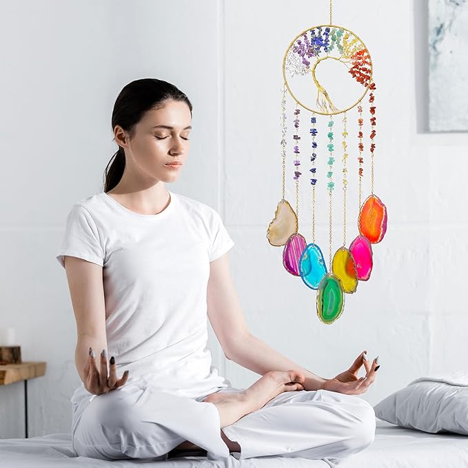 Yoption Tree of Life Agate Slice Wind Chime, Handmade 7 Chakra Healing Crystal Stone Wind Chime for Home Wall Garden Decorative Ornament, Unique Gift