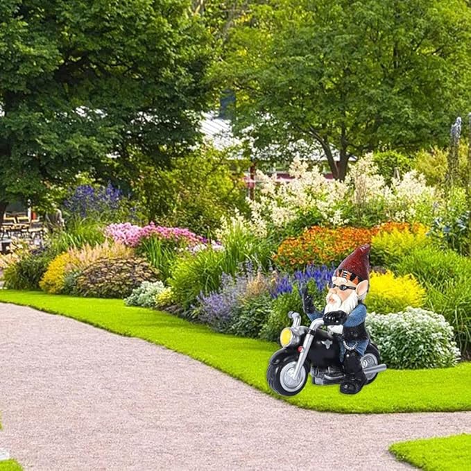 gofidin Resin Dwarf Statue Motorcycle Riding Funny Gnome Decoration Outdoor Yard Lawn Garden Gnome Statue Dwarf Figurine Home Ornaments