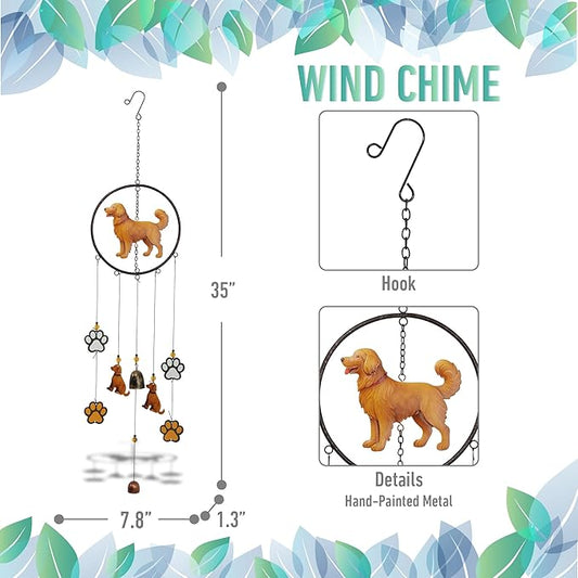 CoTa Global Golden Retriever Dog Wind Chime - Dog in Round Frame Hanging Decor with Bronze Tone Wind Chime Tubes and Round Wind Catcher, Indoor Outdoor Porch Patio Yard Garden Decoration - 35 Inches