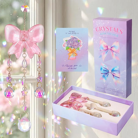 Crystal Suncatchers for Window Pink Bow Ornaments Hanging Clear Wind Chime with Chains for Garden Wedding Girls Mom Room Decor Xmas DIY Gift