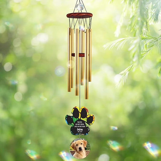 Personalized Pet Memorial Wind Chimes, Custom Photo Crystal Paw Print Suncatcher Ornament, Pet Keepsake Memorial Sympathy Gift for Loss of Dog Cat Lover, Remembrance Wind Chimes Outdoor Décor