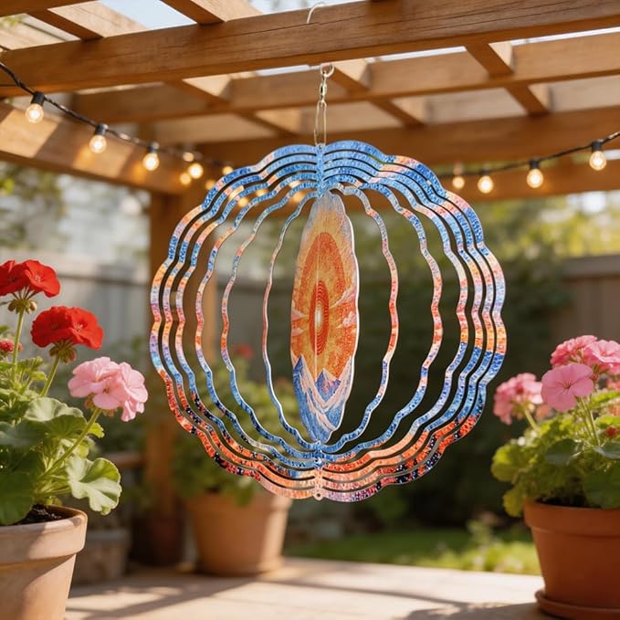 10x10 Sunrise Mountain Forest Spinning Wind Chime Pointillist Sun Snow Peak Crystal Chimes Outdoor Garden Wind Spinner Mother's Day Housewarming Gift
