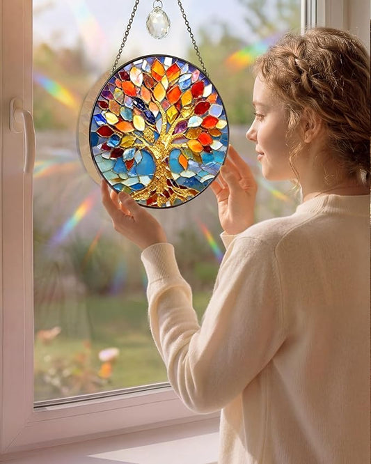 Stained Glass Window Hanging Tree of Life Sun Catcher, 7.8 Inch Suncatchers for Windows Hanging, Tree of Life Window Art Home Decor Gift for Women